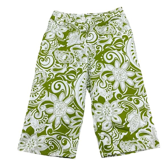 Chicos Capris Women‎ 2 Large 12 Green White Floral Aloha Tropical Cotton Stretch - Picture 1 of 11